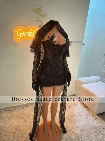New Customized Shiny Black Luxury Mini Short Prom Dresses With Glove For Black Girl Sparkly Party Gown Mini Cocktail Robe De Bal