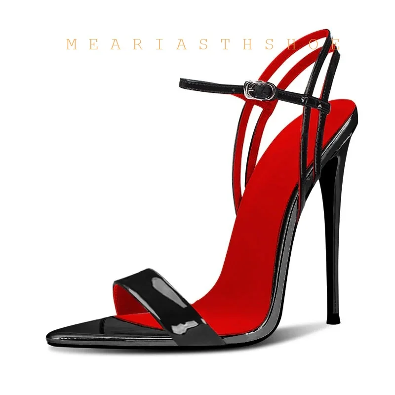 

Black patent leather thong buckle sandals pointed toe stiletto heel fashionable temperament outer wear high heels women's shoes