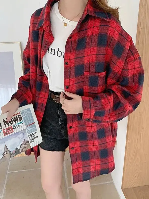 

Classic Plaid Shirt Women's Loose Fit Retro Style Autumn New Cleanfit Poly Fabric A-Sleeve Short Sleeve Thin Model KH993214
