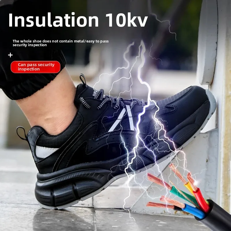 موضة شريط عاكس تصميم العزل 10KV الرجال أحذية أمان للعمل خالية من المعدن مكافحة تحطيم البلاستيك تو الذكور الأحذية الأحذية #6