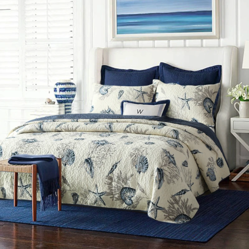 Shell Print 100% Cotton Quilt Set 3pcs King Queen Size, Lightweight Breathable Bedding Set for All Season, Quilted Bedspread