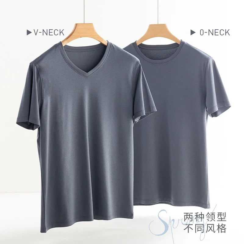 Men's High-end Fabric Silk Mercerized Cotton T-shirt Crew Neck Luxury Tee Short Sleeve Silky Feeling Summer Wear Vacation V-neck