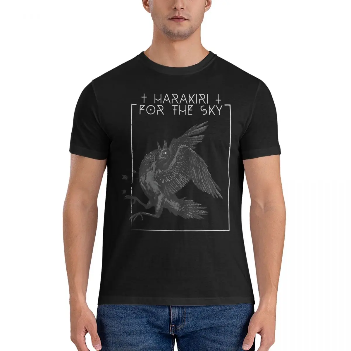 For The Sky Raven T Shirt Men's Pure Cotton Unique T-Shirt Round Neck Harakiri Tees Short Sleeve Tops Birthday Gift