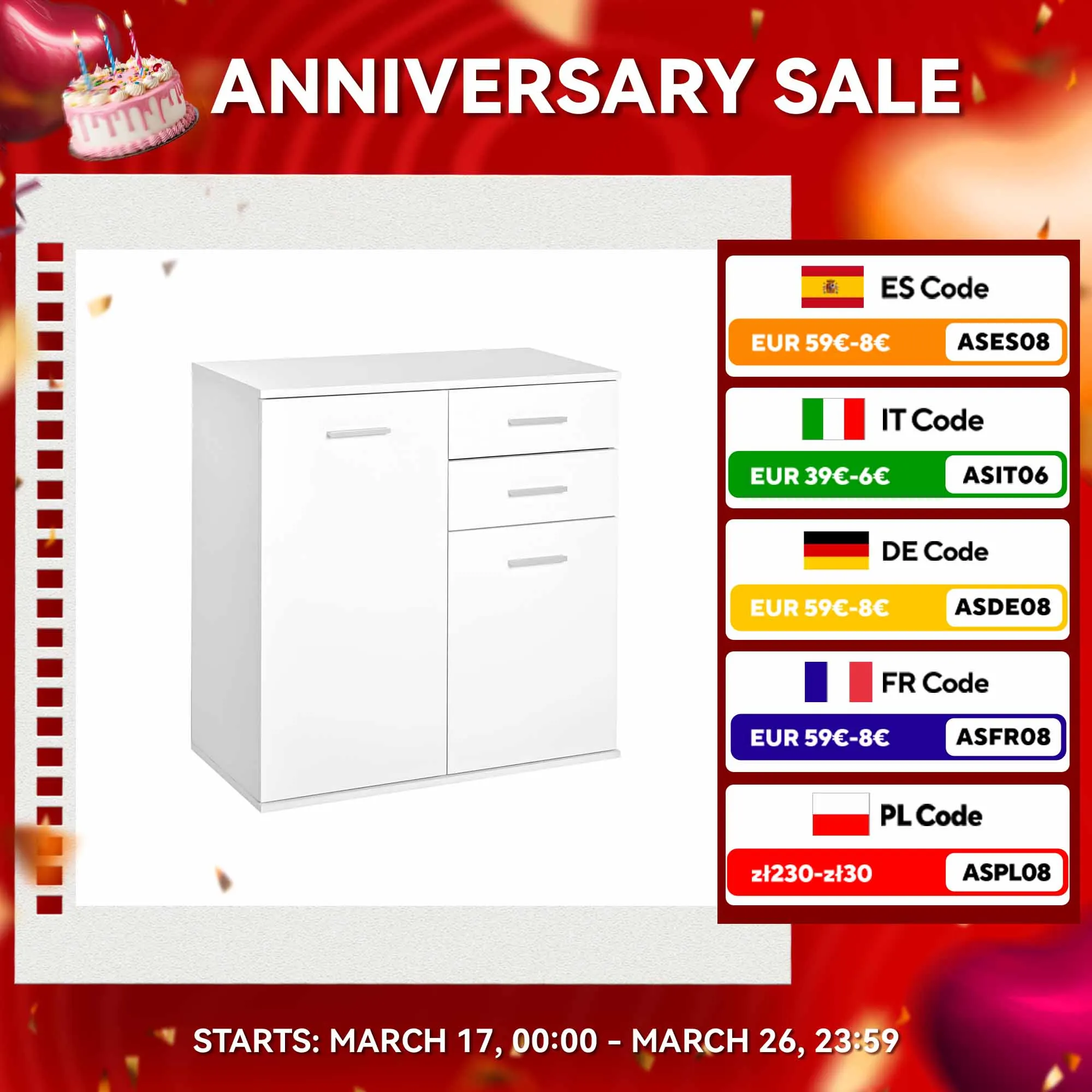 HOMCOM organizer per mobili con 2 ante e 2 cassetti 71x35x76cm bianco