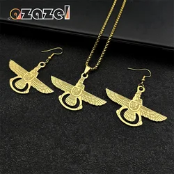 Stainless Steel Iran Faravahar Ahura Mazda Pendant Necklace Earring For Men Women Gold Color Zoroastrian Hip Hop Jewelry Gift