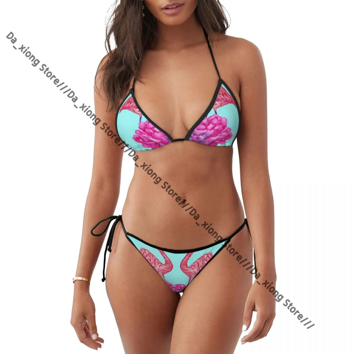 Woman Swimwear Thong Bikini Set Sexy Swimsuits Pink Flamingos And Flowers Bathing Suits Triangle Bandage Female Beachwear