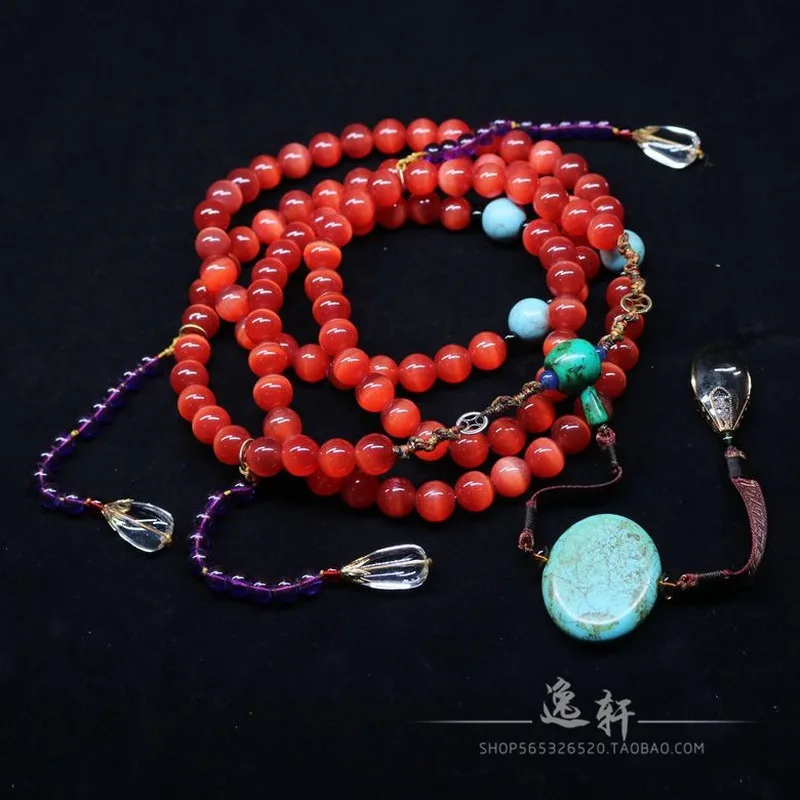 Antique-Style Ming Qing Dynasty Old'S Eye Stone, Red Agate,, And Turquoise Large Court Beads Necklace Accessory