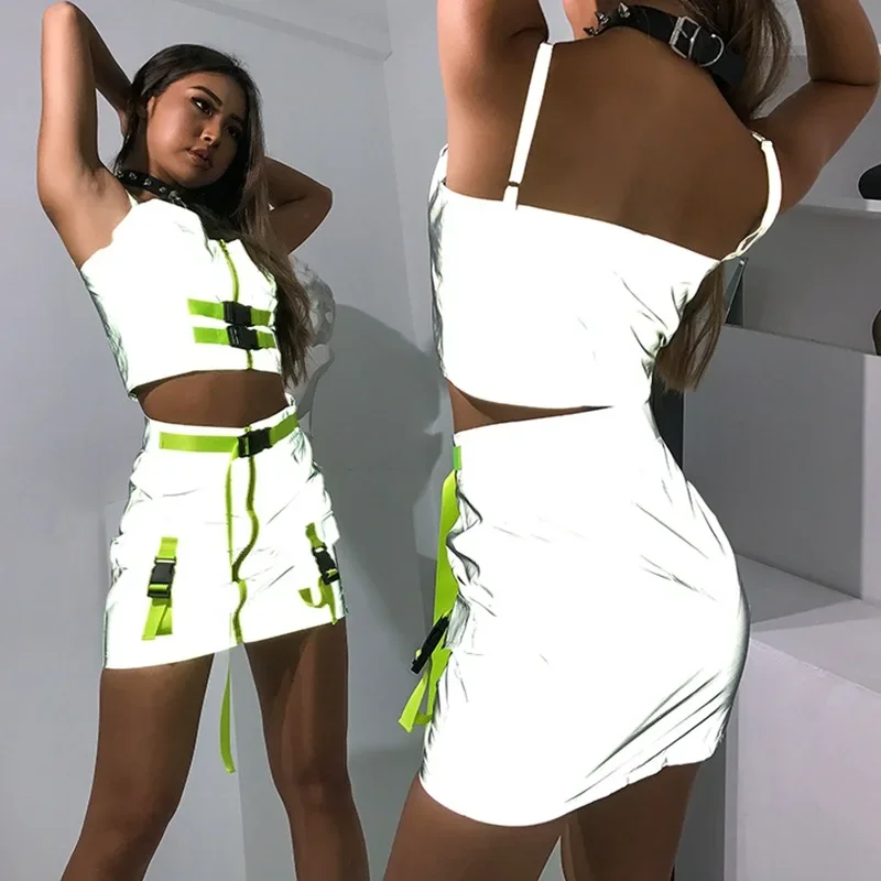 Singer Fashion Party Festival Clothing Jazz Dance Wear Reflective Zipper Buckle Crop Top Skirt Nightclub Bar DJ Female