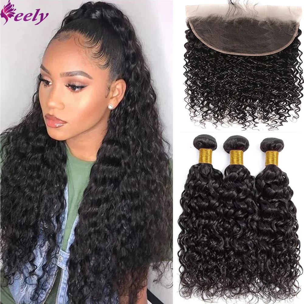 Deep Wave Human Hair Bundles 13x4 Lace Frontal 100% Real Human Hair Bundles With Closure Water Wave Brazilian Extensions 30 Inch