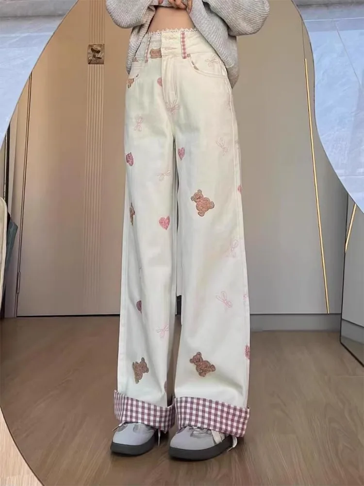 High Waist Wide Leg Jeans Women's Spring Design Sense Straight Floor-Length Cuffed Denim Pants Embroidered Bear Large Size