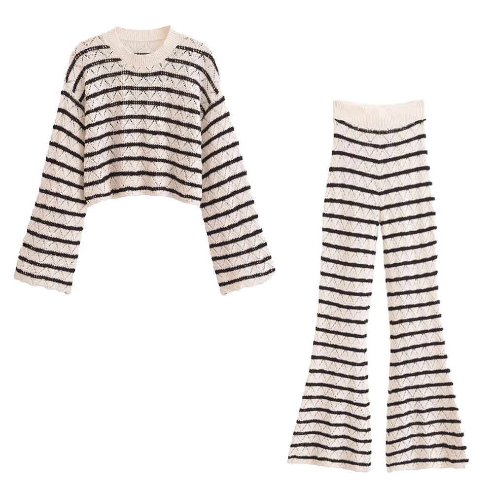 

Taop&Za 2024 Autumn New Product Women's Fashion Round Neck Long Sleeve Striped Crochet Top High Waist Knitted Pants Set