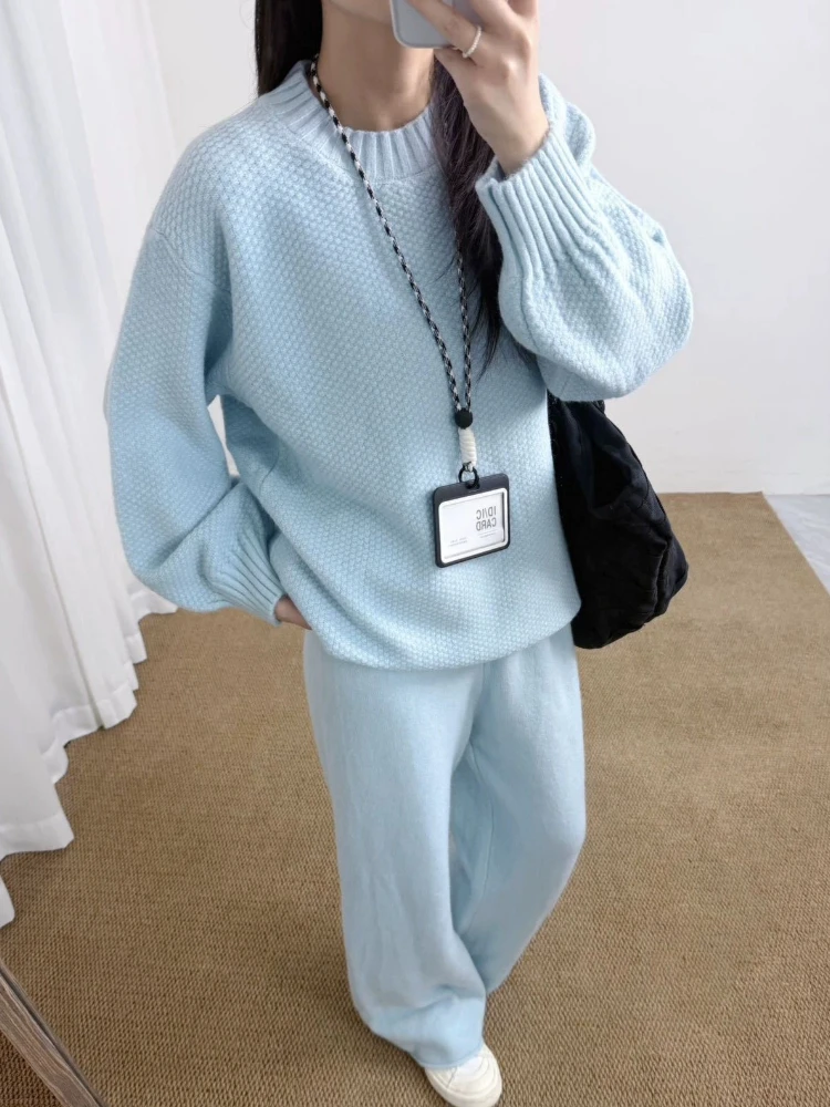 Casual Loose Knitted Pant Sets Woman Autumn Winter New O-neck Long Sleeve Pullovers Wide-leg Long Trousers Women's Clothing