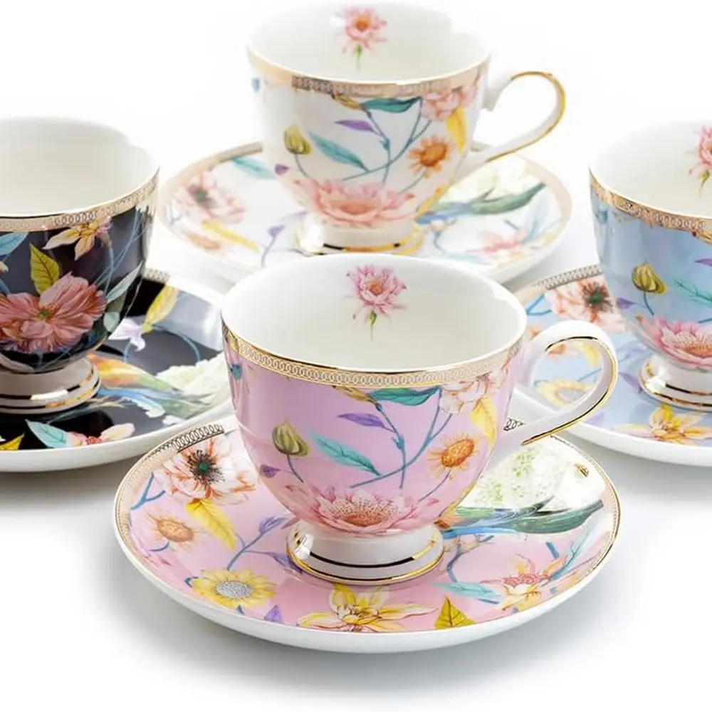 

4Assorted Color Spring Flowers with Humming bird Fine Porcelain Tea Cupand Saucer Sets,Pink,Blue,Black and White