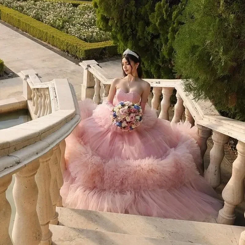 Pink Off The Shoulder Quinceanera Dresses Tulle Tiered Beading Pageant Lace Up Vestidos De 15 Años 2025 Princess Ball Gown