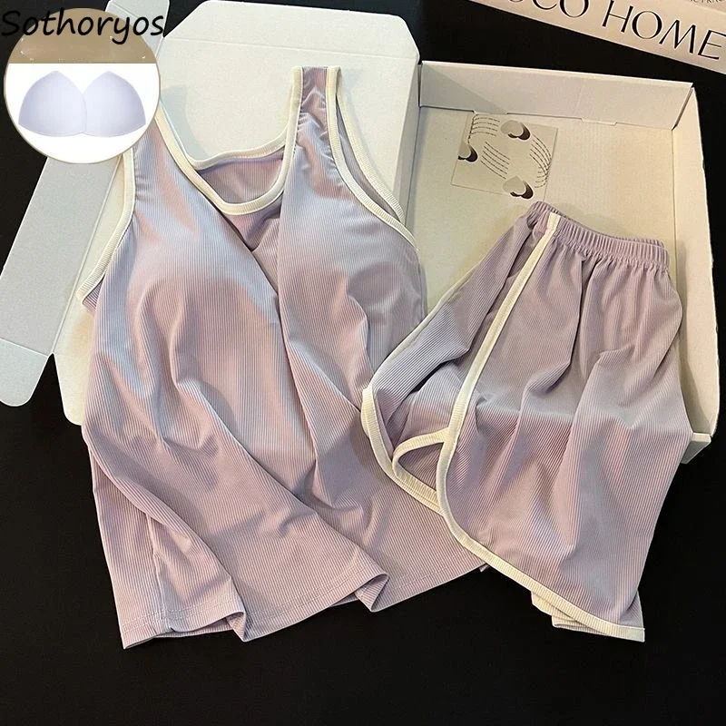 Summer Panelled Pajama Sets Women Breathable Stretchy Sleeveless Padded Sleepwear Trendy Ulzzang Soft All-match Baggy Loungewear