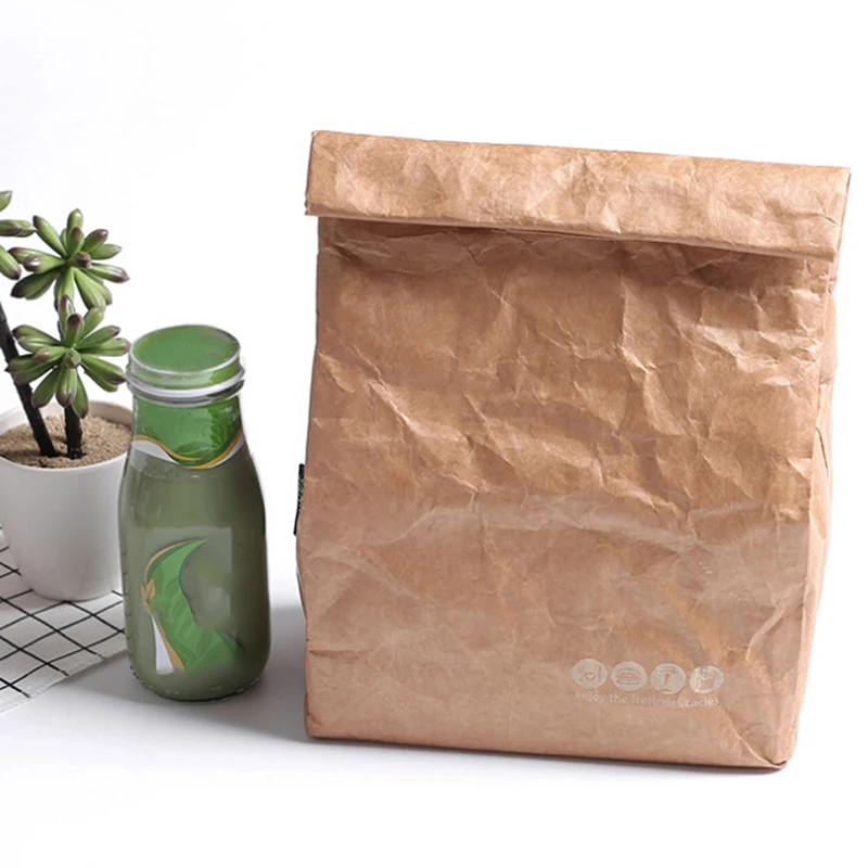 Brown Paper Lunch Bag Reusable Insulated Thermal Cooler Sack Magnetic Closure