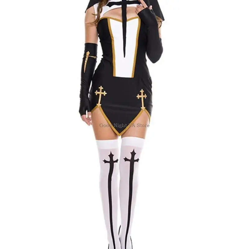 Nun Costume Nun Dress Hat for Cross Pendent Necklace Gloves Knee Thigh High Socks for Halloween Cosplay Carnival Theme P