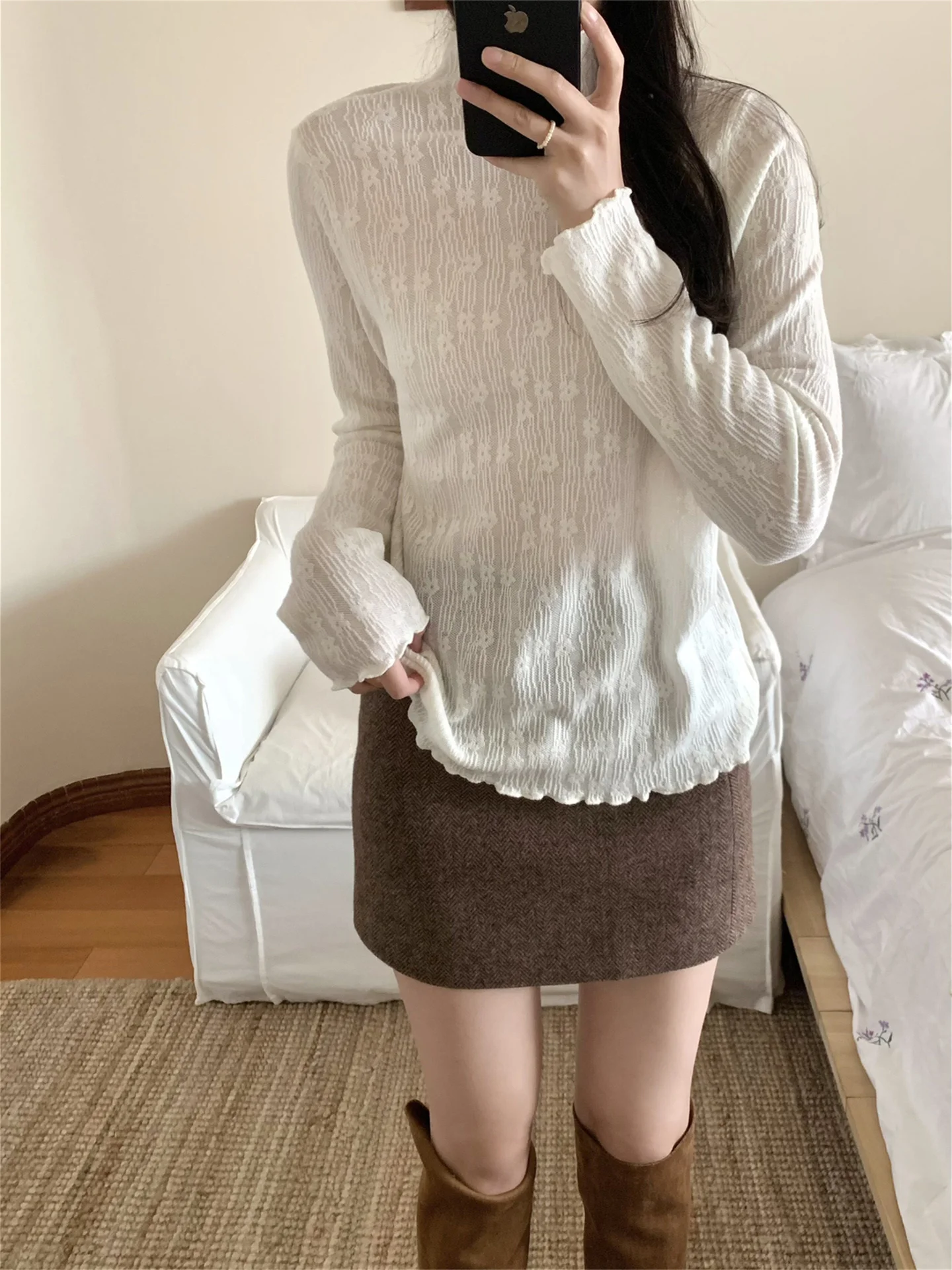 Brown Gingham Woolen A-Line  Skirt Women's Winter Fashion Casual High Waist Zipper Design City Commute Daily Wear