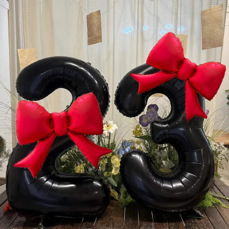 

40-дюймовый гигантский воздушный шар с черным номером и красным бантом, воздушные шары из алюминиевой фольги для дня рождения и юбилея, цифровое украшение