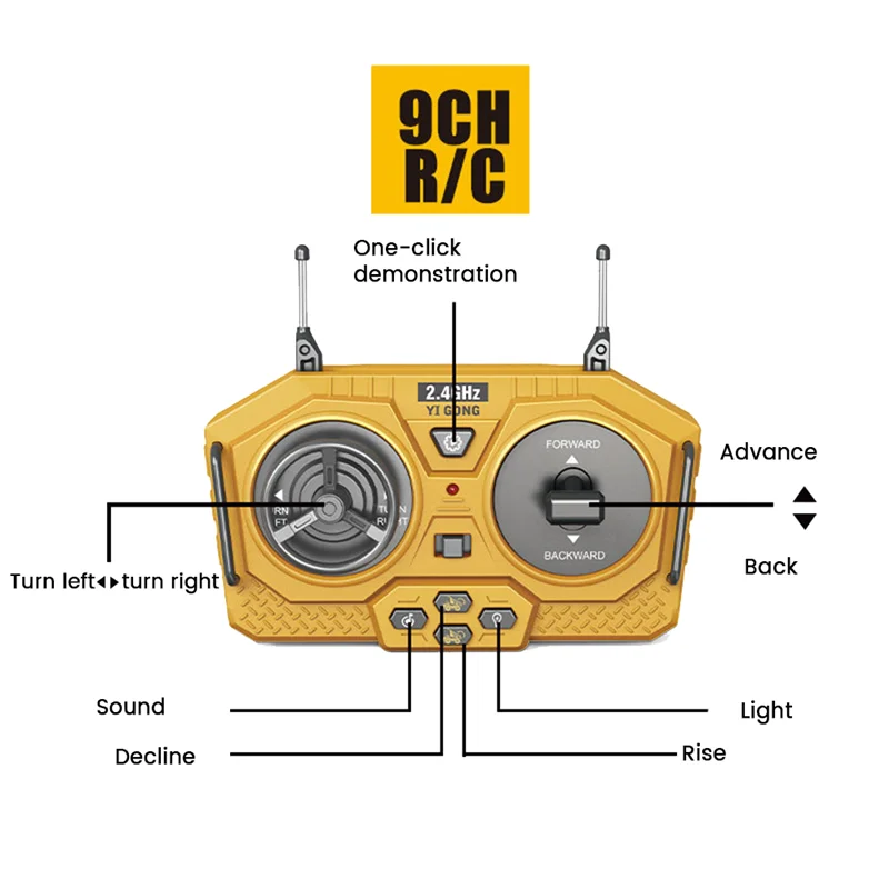 Baby-1:24 9 kanalen RC legering dumper auto techniek voertuig afstandsbediening aluminium auto speelgoed voor