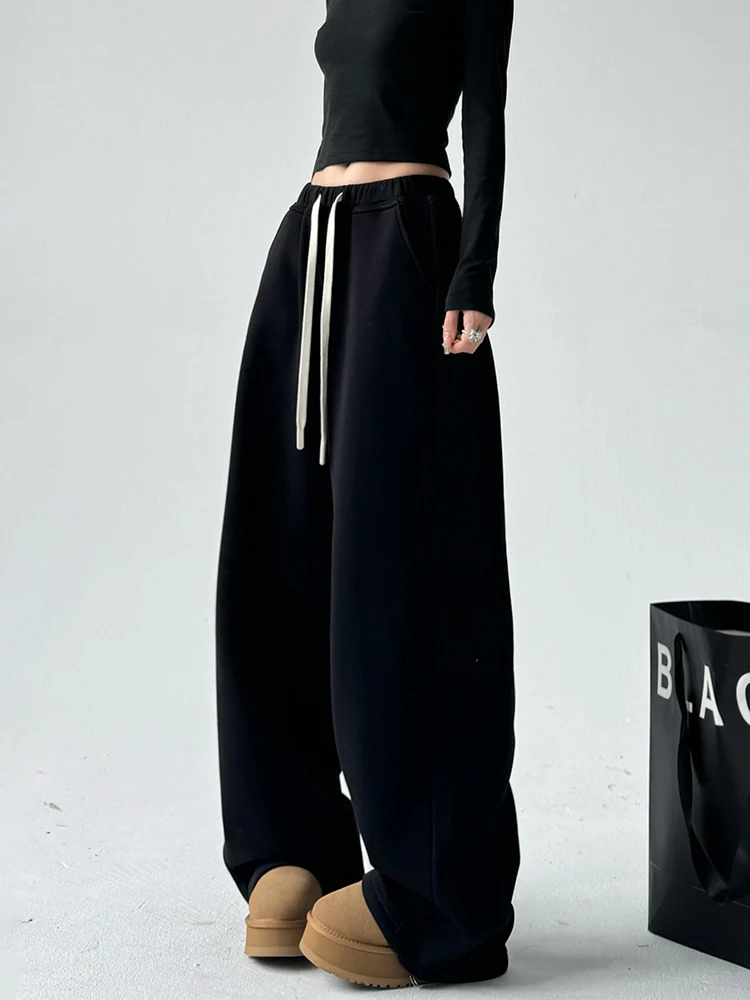 Pantalones de pierna ancha de cintura alta para mujer, pantalones de pierna recta deportivos informales holgados y drapeados de invierno