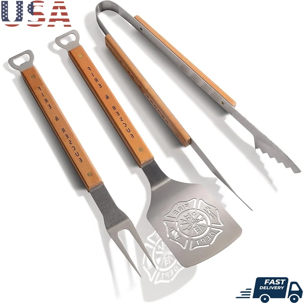 

Universal Classic Series 3pc BBQ Grill Set Laser-Cut Stainless Steel Tools Hard Maple Handles Integrated Bottle Openers Sports