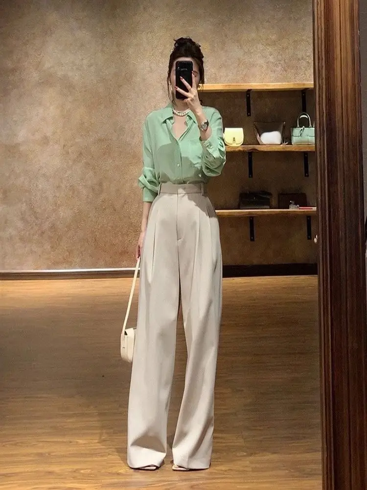 Blouse and Pant Sets for Women 2 Pieces Office Wide Leg Spring Autumn Shirt Trousers Woman Professional Wear To Work Baggy Full