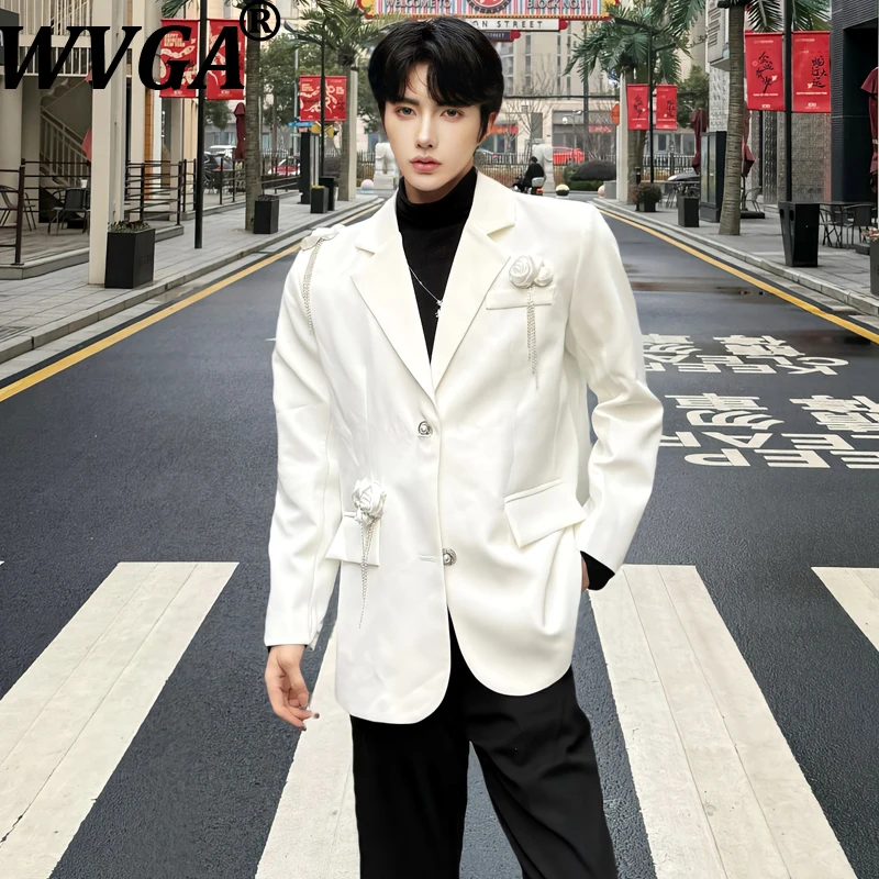 

WVGA Spring Autumn New Men Tide Beaded Flower Tassel Turn-Down Collar Blazer Niche Chic Casual Heavy Suit Jackets Ins Y2K W16549