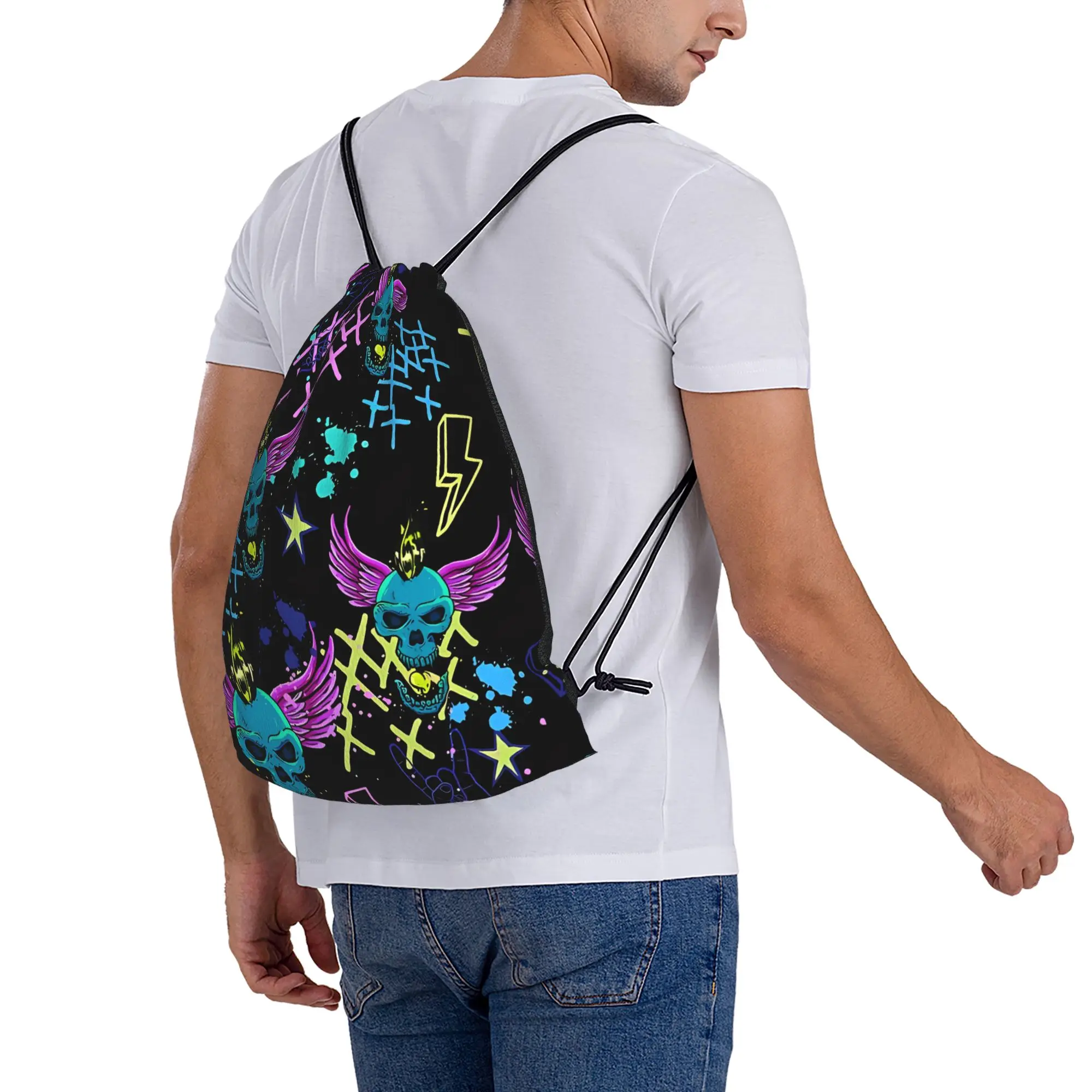 Y2K Neon Punk Graffiti Portable Hiking Riding Gym Drawstring cool gift Storage Backpacks view 6