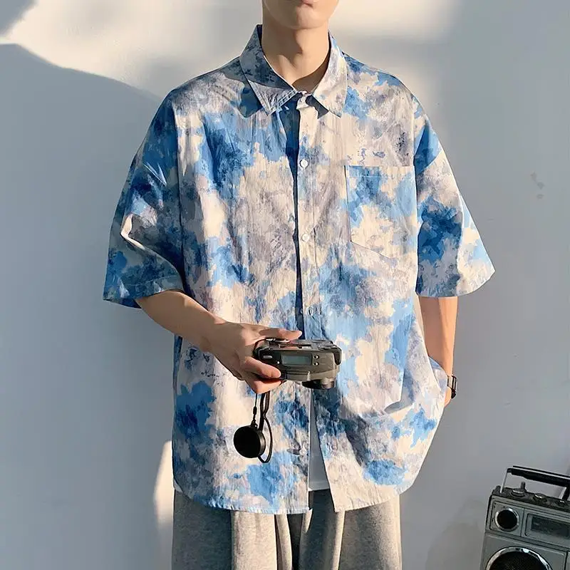 Spring Summer Thin Casual Streetwear Shirts Fashion Handsome Turn-down Collar Loose Printing Button Short Sleeve Men's Clothing