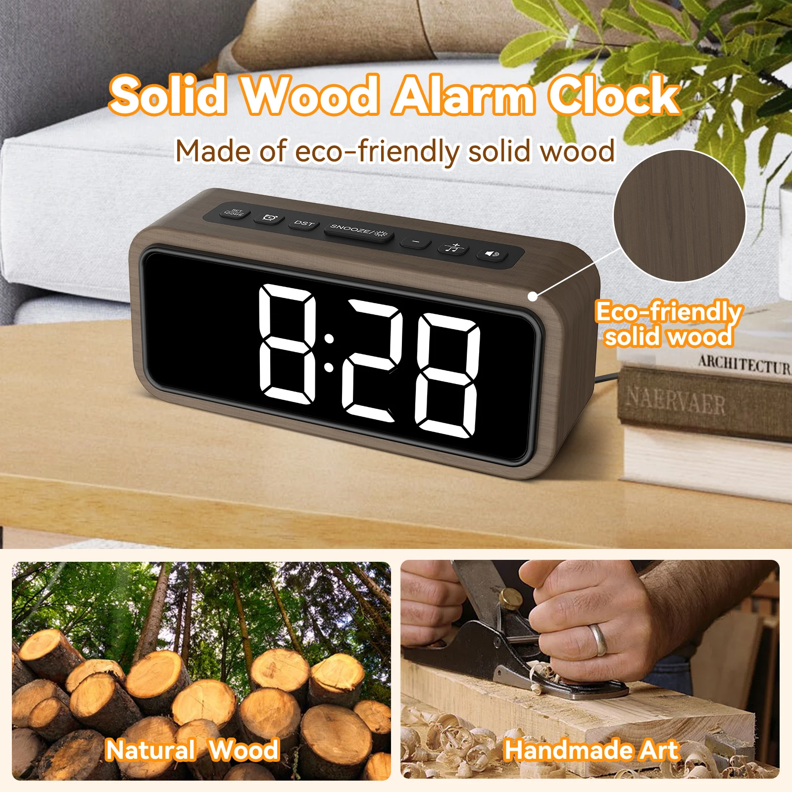 This 1-Piece Multi-Functional Solid Wood Alarm Clock Features 12 Alarm Sounds, a Snooze Mode (5-Minute Nap), Five Brightness Lev