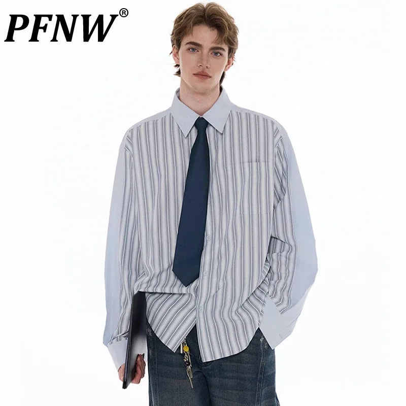 

PFNW Striped Patchwork Design Silhouette Male Shirt New Lapel Long Sleeved Fake Two-piece Loose Tops 2024 Autumn Trendy 28W4347