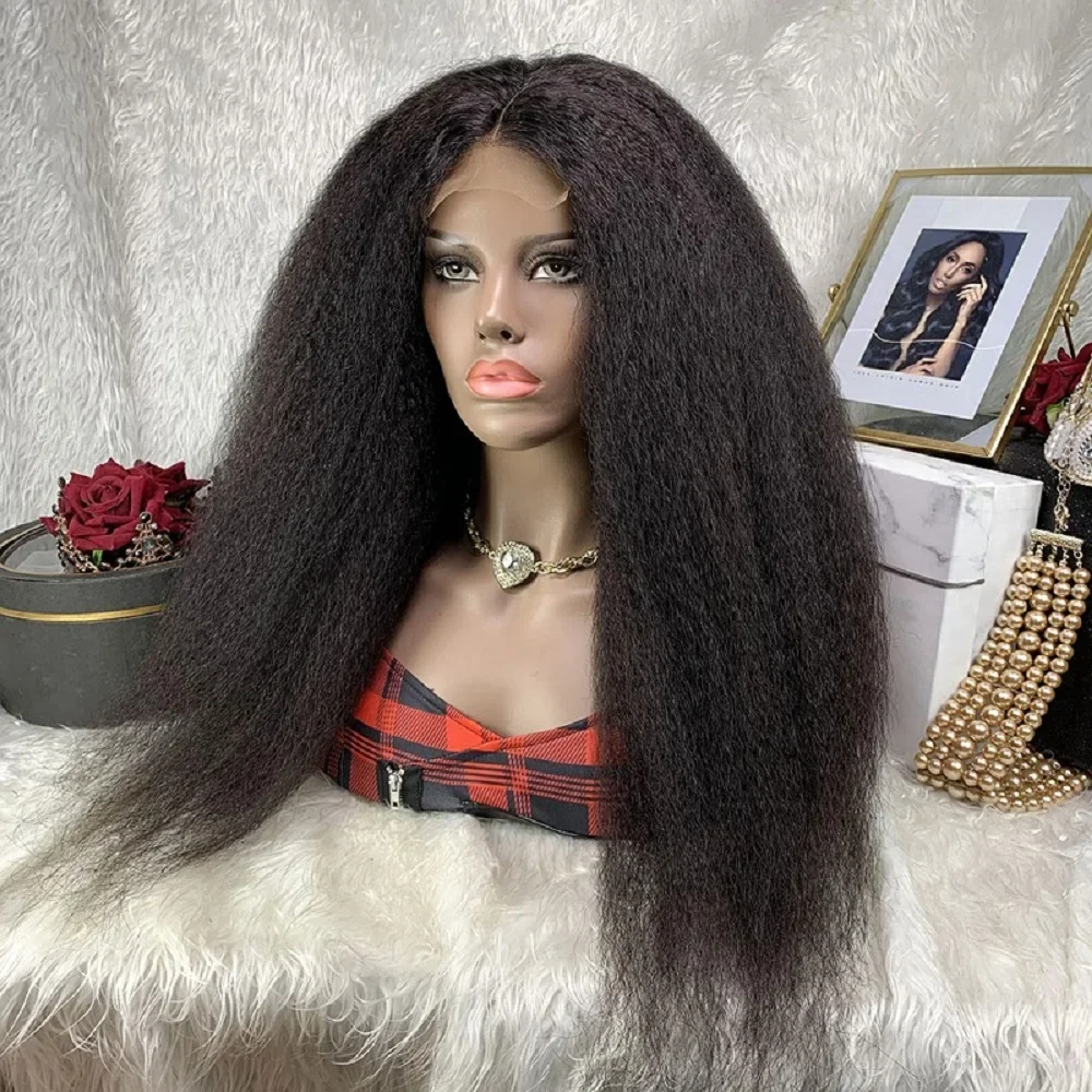 Black Kinky Yaki Straight Density 180 Long 30 '' Lase Front Wig For  Women BabyHair Preplucked Glueless Heat Resistant Wig Daily