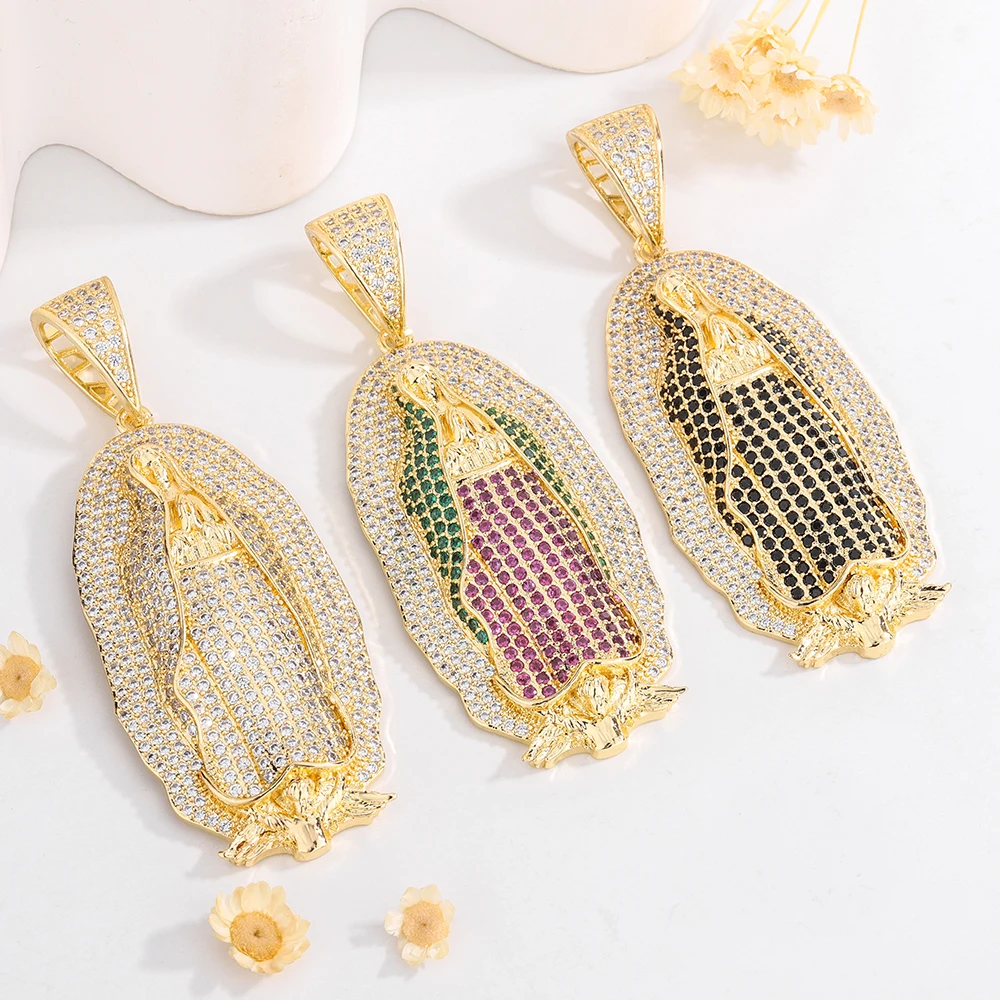 

Ruixi New Fashion Religious Oversized Virgin Mary Full Diamond Red Corundum Hip-hop Personality Men and Women Necklace Pendant