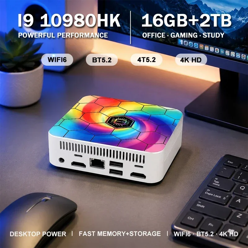 Intel Core I9-10980HK Gaming Mini PC Windows 11 RGB Hexagon Shell 16GB/32GB RAM WiFi6 BT5.2 Home Office Small Desktop Computer