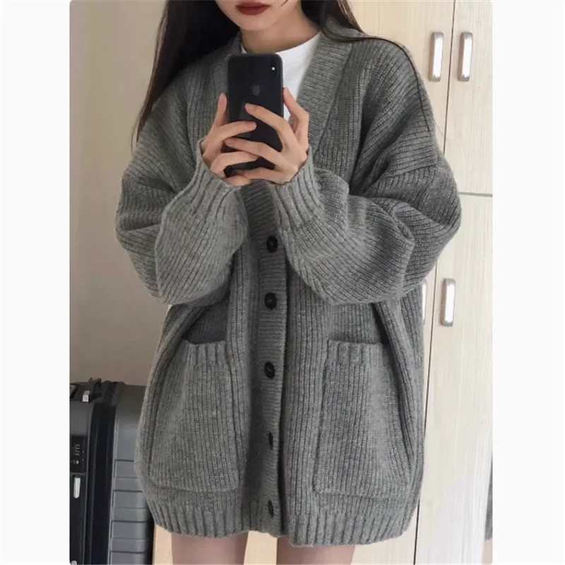 Grey Black White Mid-length Knit Cardigan Long Sleeve Sweater Women Fall Winter V Neck Fashion Casual Loose Knitwear Top Coat