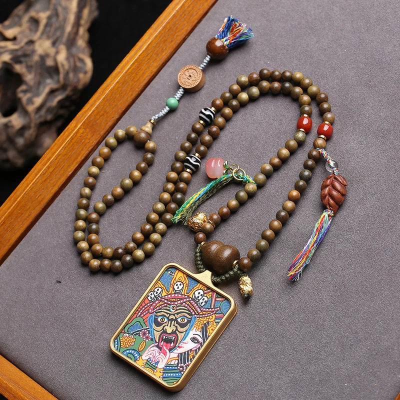 Tibetan-Style Hand-Painted Thangka Zaki Lam Buddha Amulet Sweater Chain Agate Bead Green Sandalwood Necklace