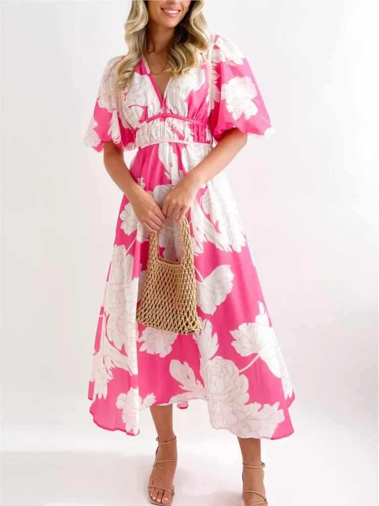 ファッションボヘミアン花柄ロングワンピース レディース 春夏新作 半袖 Vネック エレガント マキシ丈ワンピース