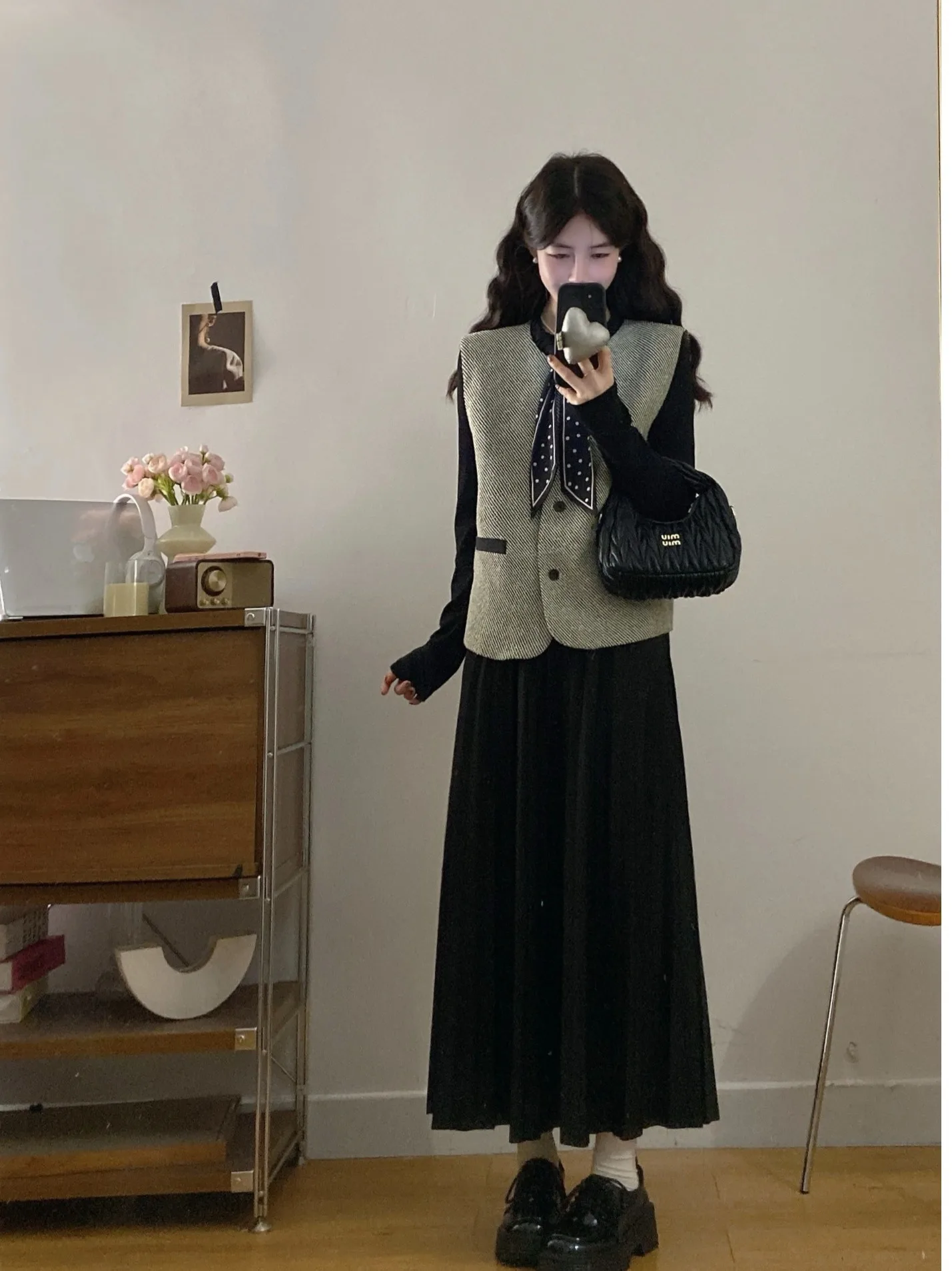 

plus Size Women's Black Bouclé Skirt Set Slimming Design Winter Outerwear Tank Top Vest Coat Commute Korean Style Loose Fit
