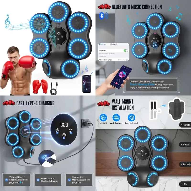 Music Boxing Machinefor Adults， with LED Lights, Bluetooth, 9 Speed Modes, Hook Punch Music Boxes for Home & Gym