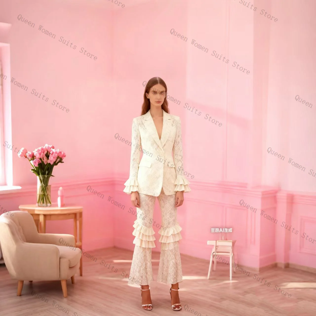 

White Ruffles Women Suit Pants Set 2 Pcs Blazer+Trousers Spring Prom Cotton Formal Office Lady Jacket Wedding Coat Customized