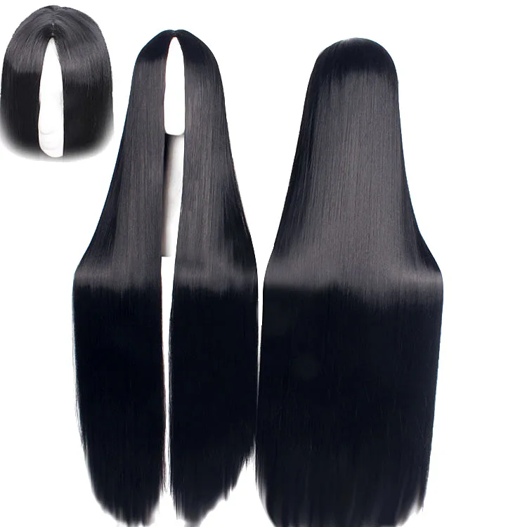 Synthetic Cosplay Wig 100CM Black Long Straight Hair, White Middle Part, Anime Costume Short Wig, Unisex, Lightweight, Fancy