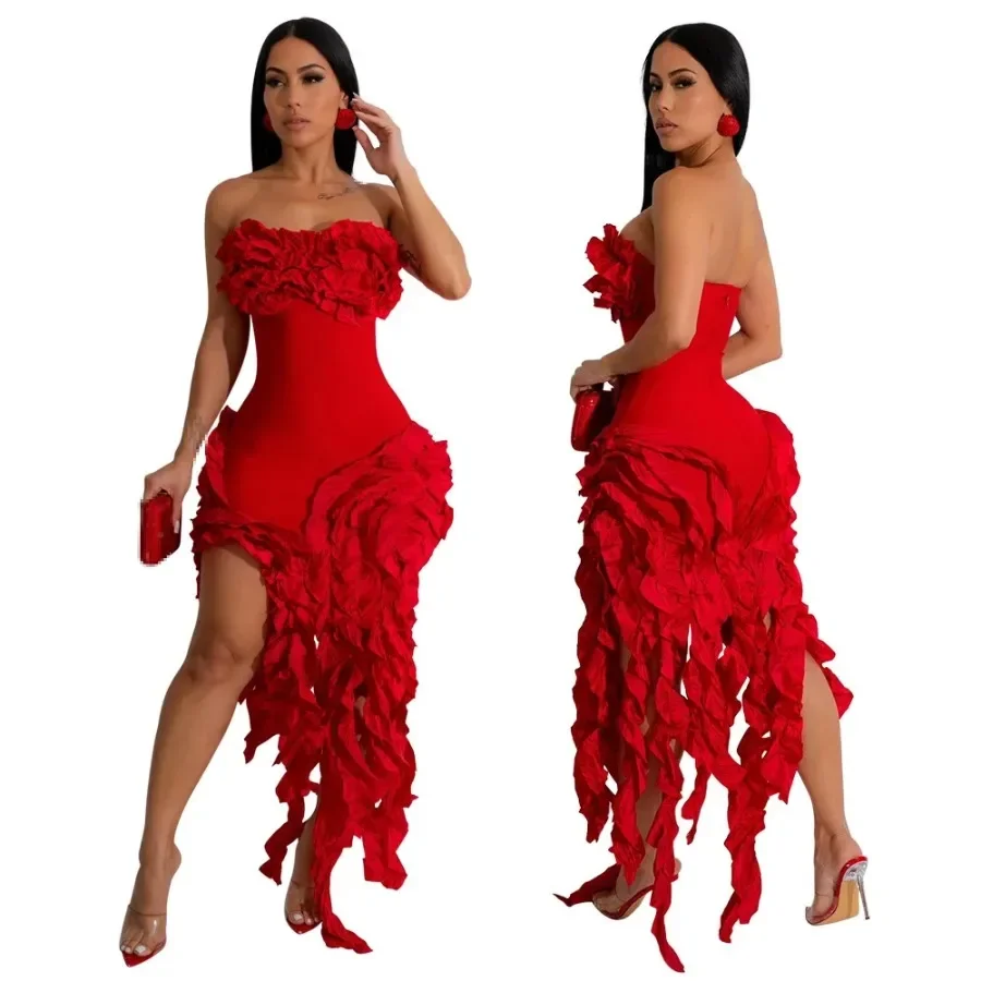 Women Strapless Ruffles Tassel Splicing Irregular Birthday Bodycon long Maxi Dress 2024 Even Sexy Party Dresses Vestidos