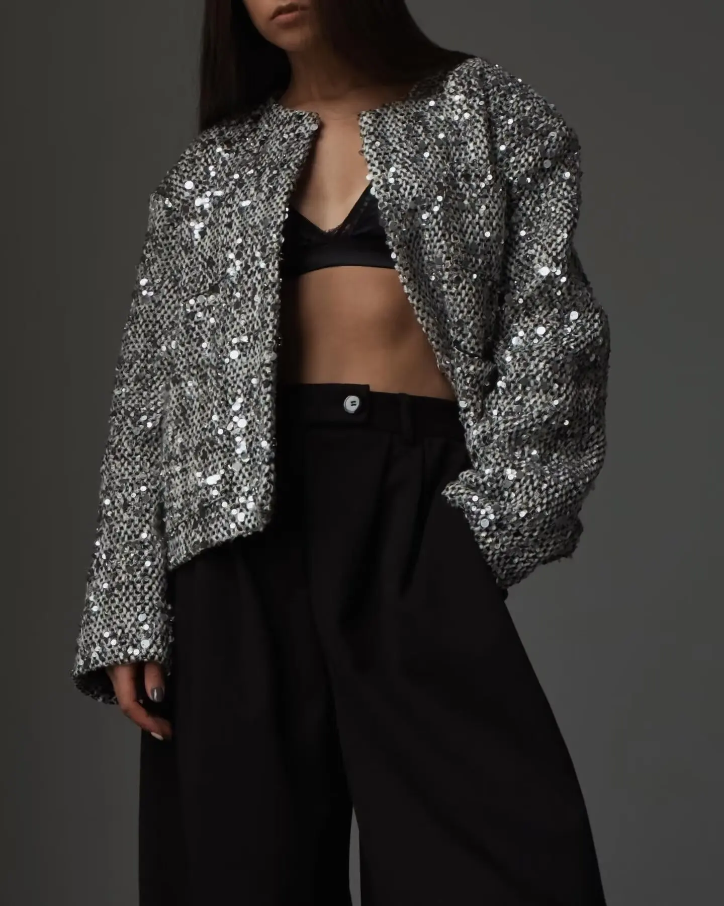 Women's Clothing Outerwears Women's 2026 Spring New Style Tweed Slub Sequined Jacket Women Female Clothing New In Coats & Jacket