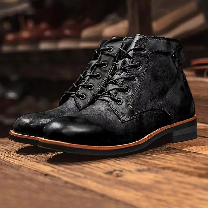 

Fashion Men's Brown Leather Amekaji Style Ankle Boots 2026 Autumn Vintage Lace Up Round Toe Casual Motorcycle Combat Work Boots
