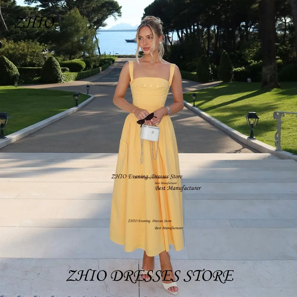 

ZHIO Yellow Satin Sequined Evening Gown Pleats A Line Square Collar Party Dress Spaghetti Straps Prom Gown for Women Customized