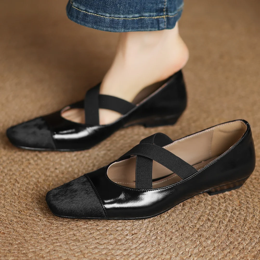 Women\'s genuine leather horsehair patchwork elastic band cross strap slip-on flats square toe soft comfort elegant ladies shoes