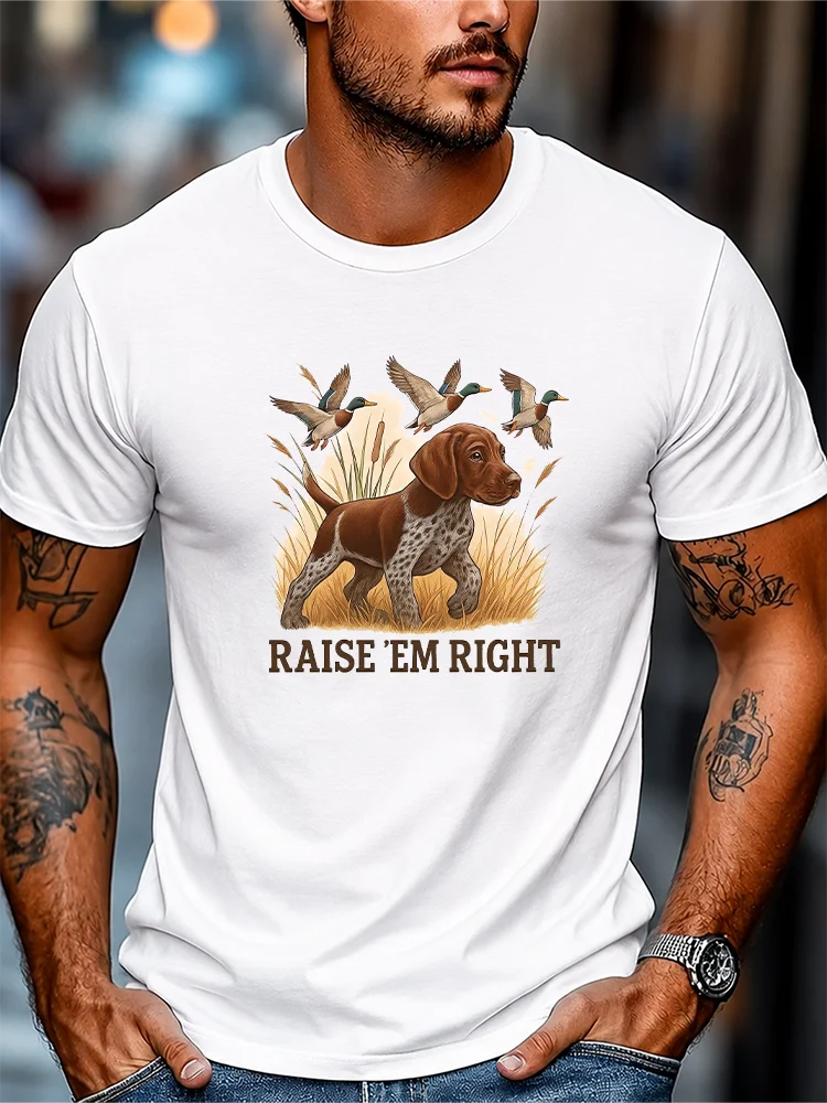 Dog Hunting Ducks Raise 'em Right Slogan T-Shirt, Everyday Wear, Printed Tee, Trendy, Western Theme, Men's Gift