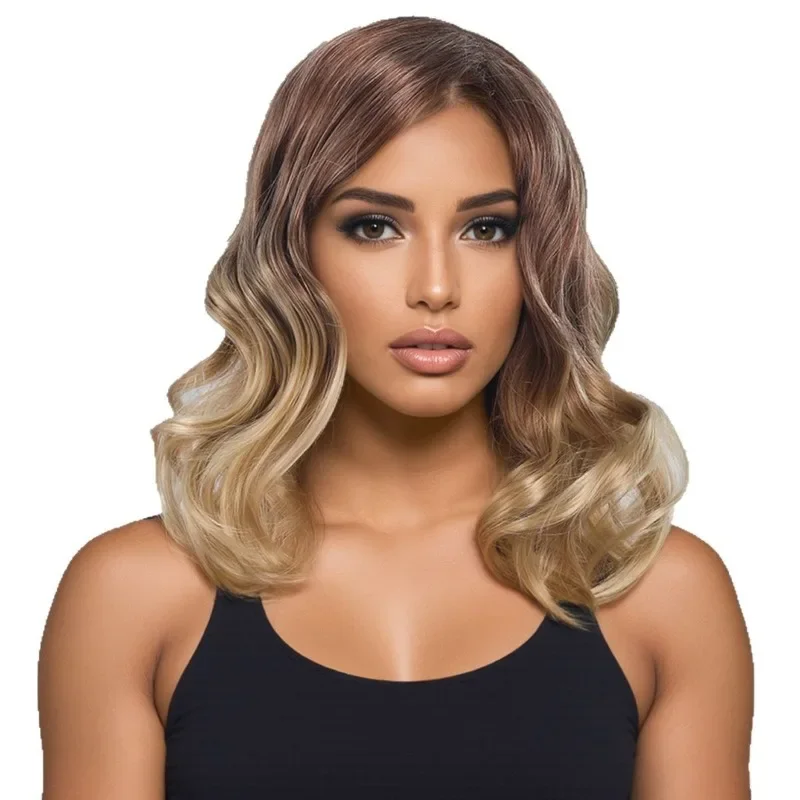 

Fashion European and American wig cover medium highlights gradual change brown medium and long curly hair natural fluffy full h
