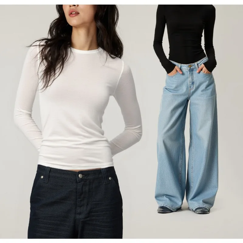 

Women's Wool Crew Neck Long Sleeve T-Shirt Spring and Autumn Spice Girls Waist Skinny Bottom Shirt T-Shirt